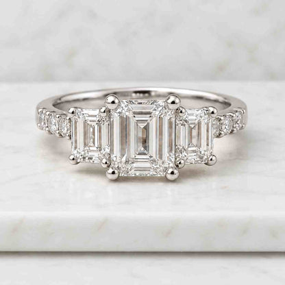 Emerald Cut Lab Grown Diamond Three Stone Ring | Stackable Full Eternity band in 10K 14K 18K Gold | Gift for her
