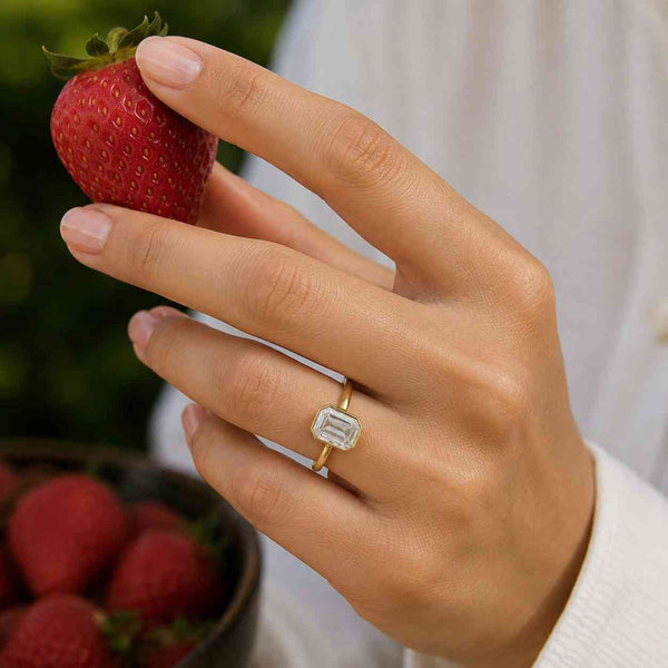 Emerald Cut Moissanite Bezel Engagement Ring, Solitaire Wedding Ring for Her, Classic Comfort Fit Ring, Yellow/White/Rose Gold Handmade Ring