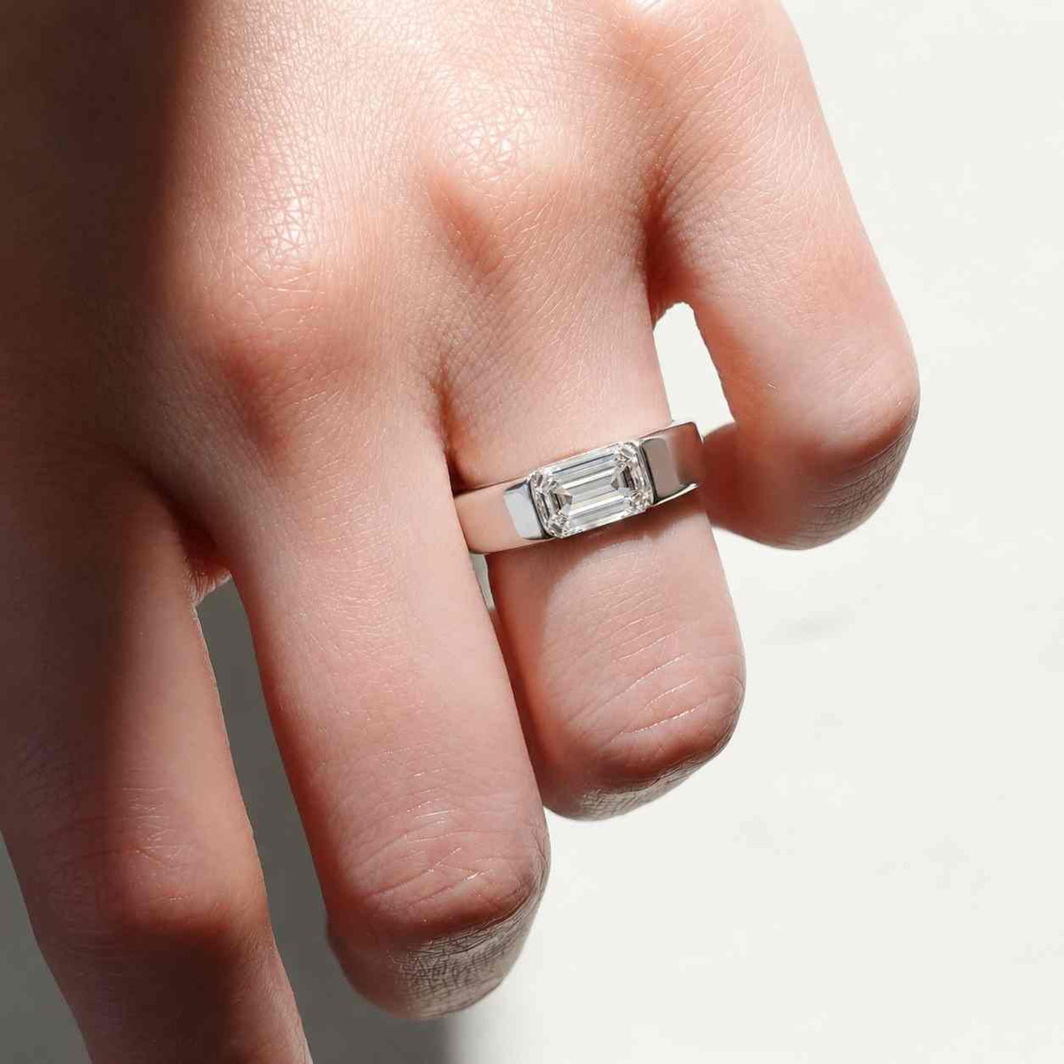 Emerald Cut Moissanite Engagement Ring, Half Bezel Set Wedding Ring For Him, East West Bezel Anniversary Ring Gift For Him, Gift For Husband
