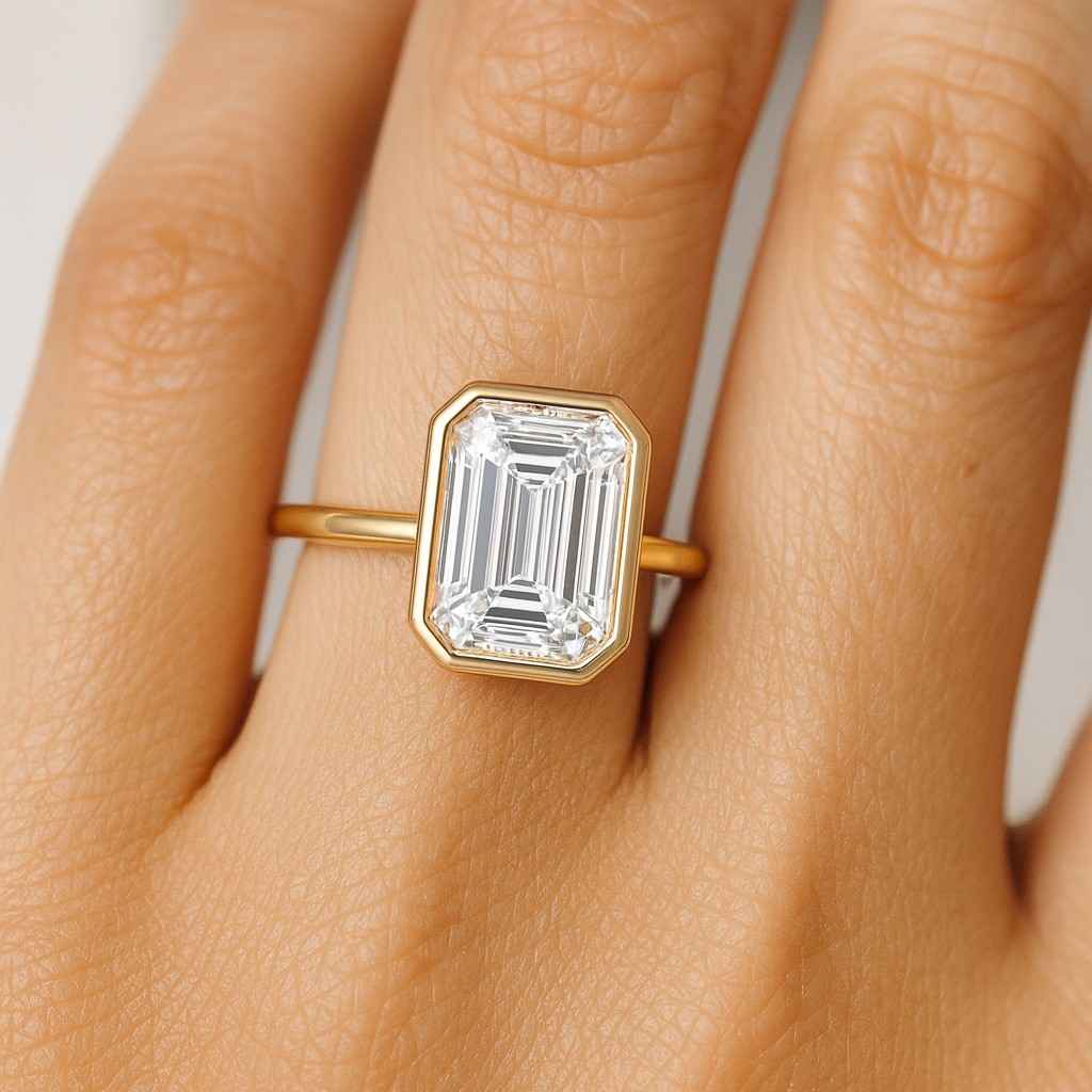 Emerald Cut Moissanite Engagement Ring Set Half Eternity Emerald Bezel Band Wedding Matching Bridal Set