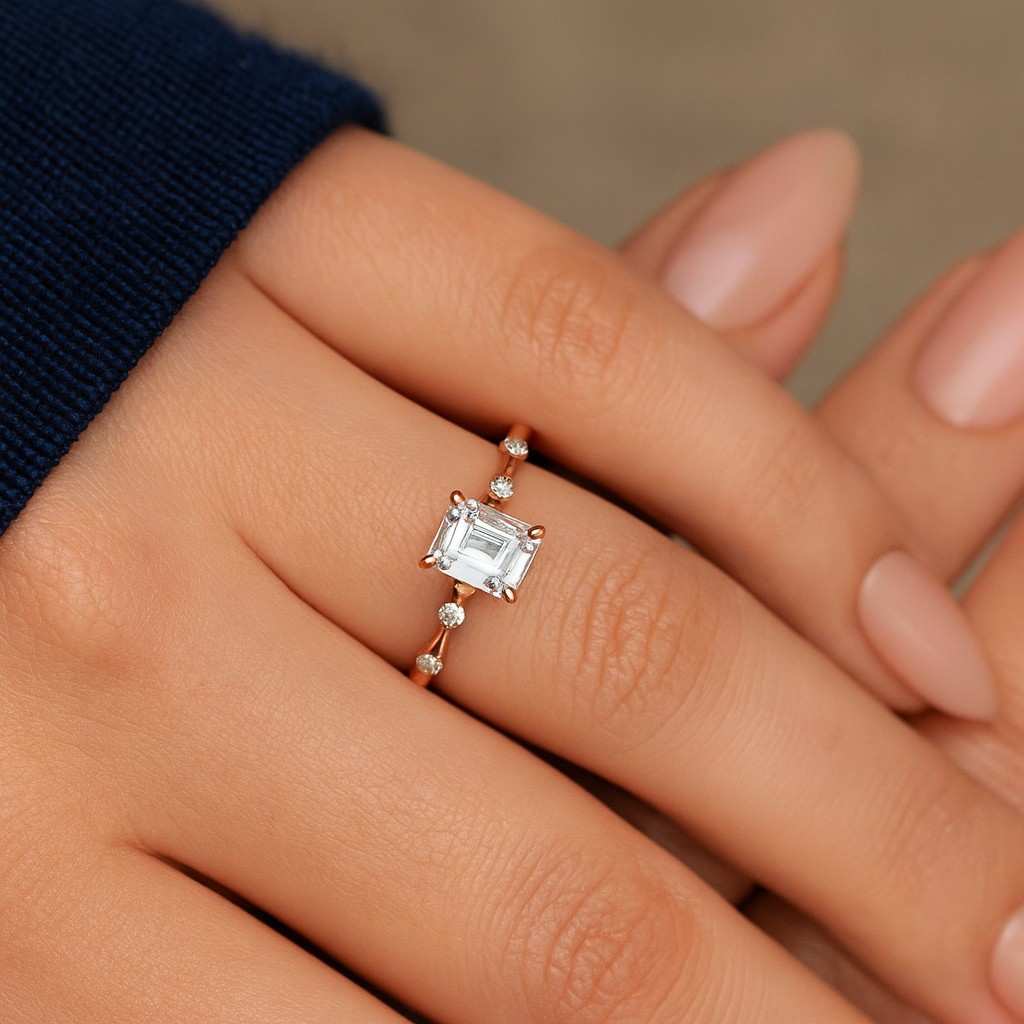 Emerald Cut Moissanite Engagement Ring, Side Trapezoid Moissanite, Three Stone Engagement Ring, Emerald Cut and trapezoid Cut