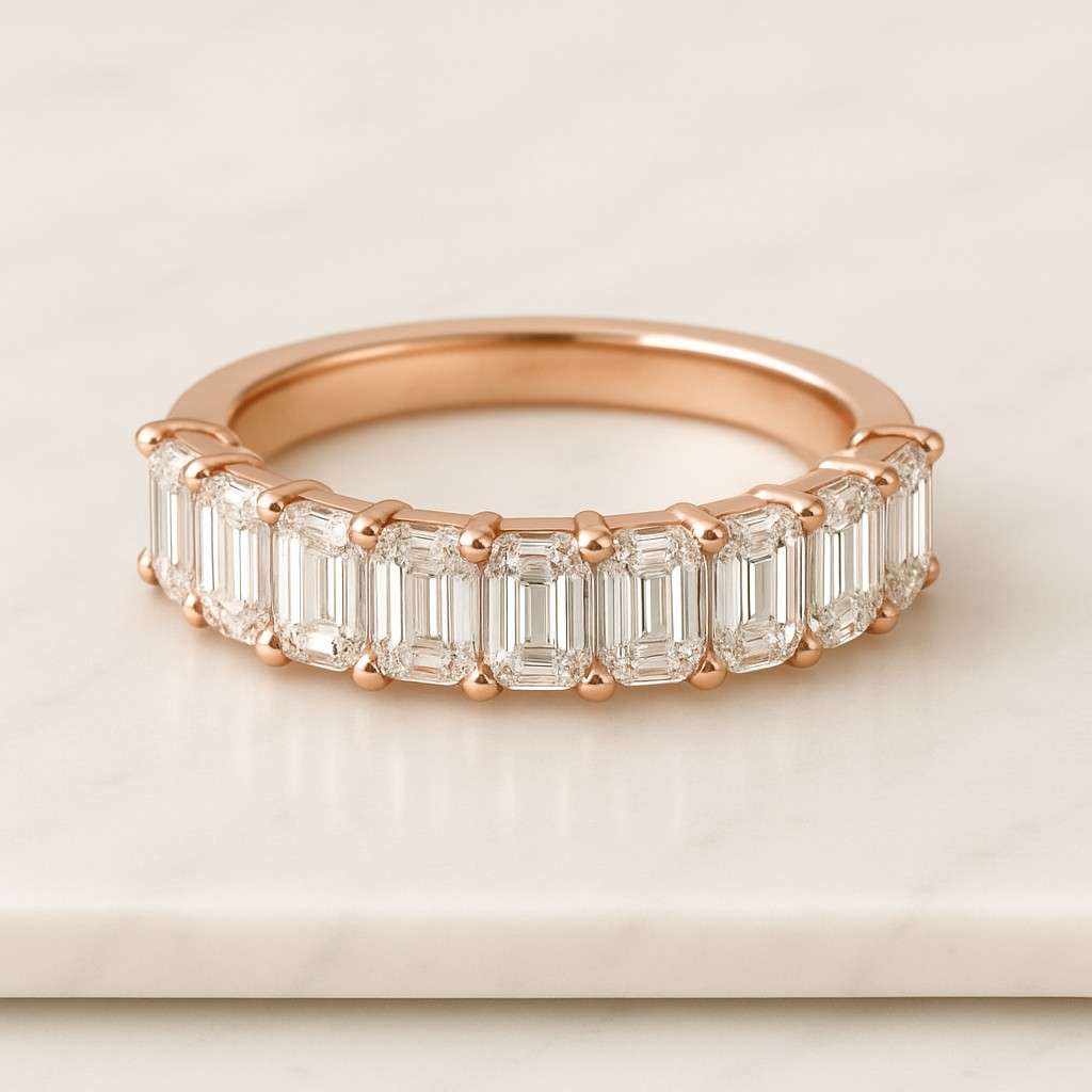 Emerald Cut Moissanite Eternity Band, 14K Yellow Gold Stacking Ring