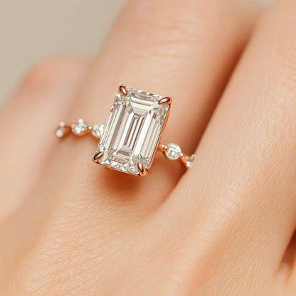 Emerald Cut Moissanite Three Stone Ring Solid 14K Yellow Gold