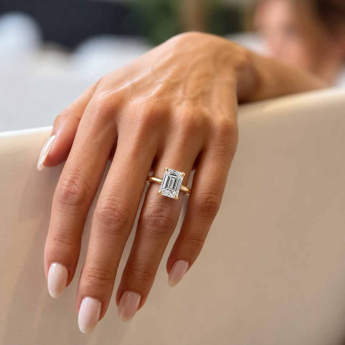 emerald cut moissanite two tone engagement ring 