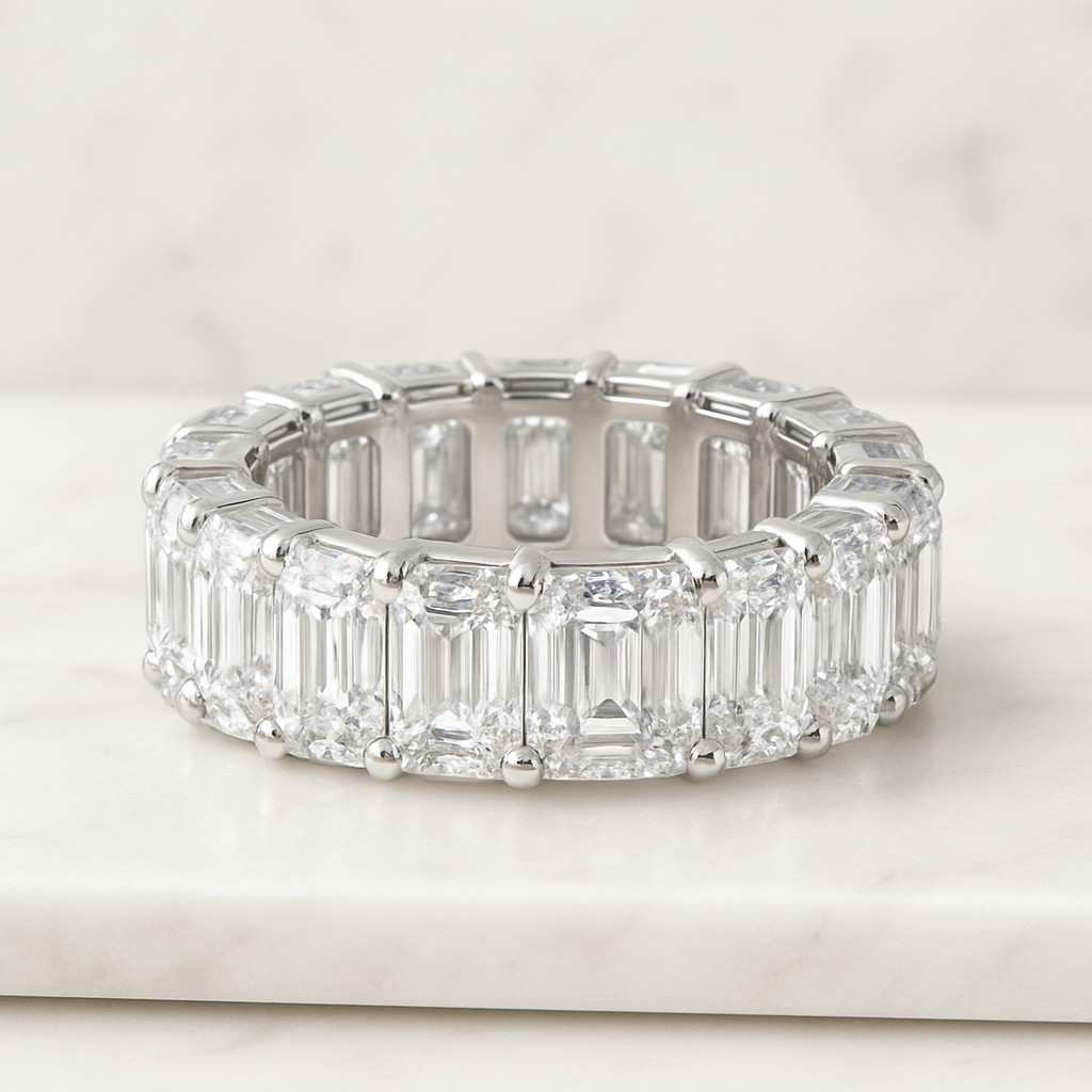 Emerald Cut Moissanite Wedding Band Shared Prong Full Eternity Gold Anniversary Gift