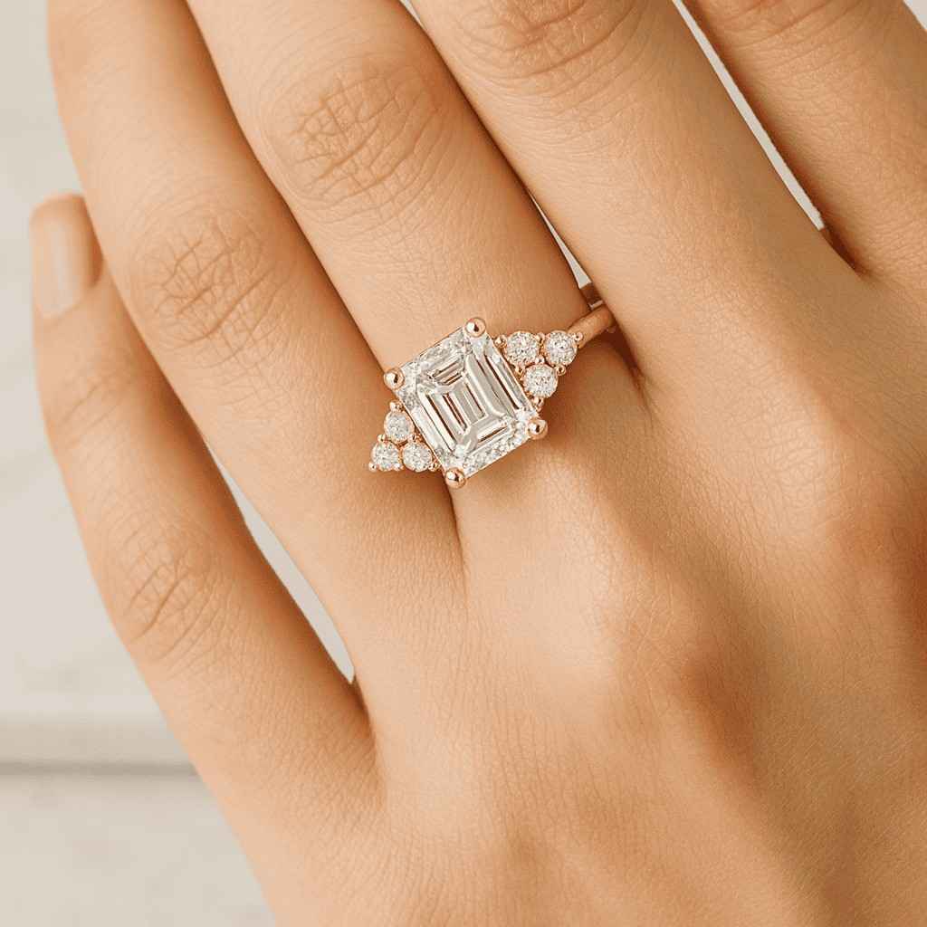 Emerald Cut Moissanite Wedding Ring Round  Marquise Side Diamond Ring Solitaire Engagement Ring  Classic Proposal Ring Anniversary Gift