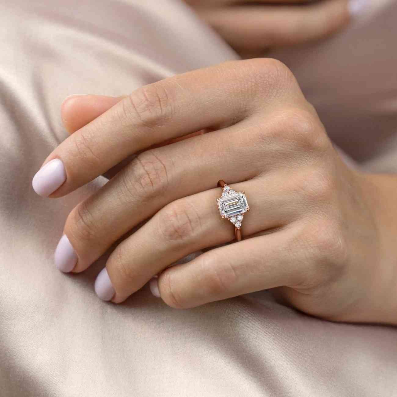 Emerald Cut Moissanite Wedding Ring, Stylish Hidden Halo Engagement Ring, Pave Set Half Eternity Ring