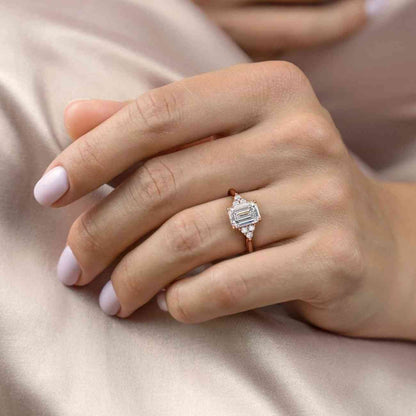 Emerald Cut Moissanite Wedding Ring, Stylish Hidden Halo Engagement Ring, Pave Set Half Eternity Ring