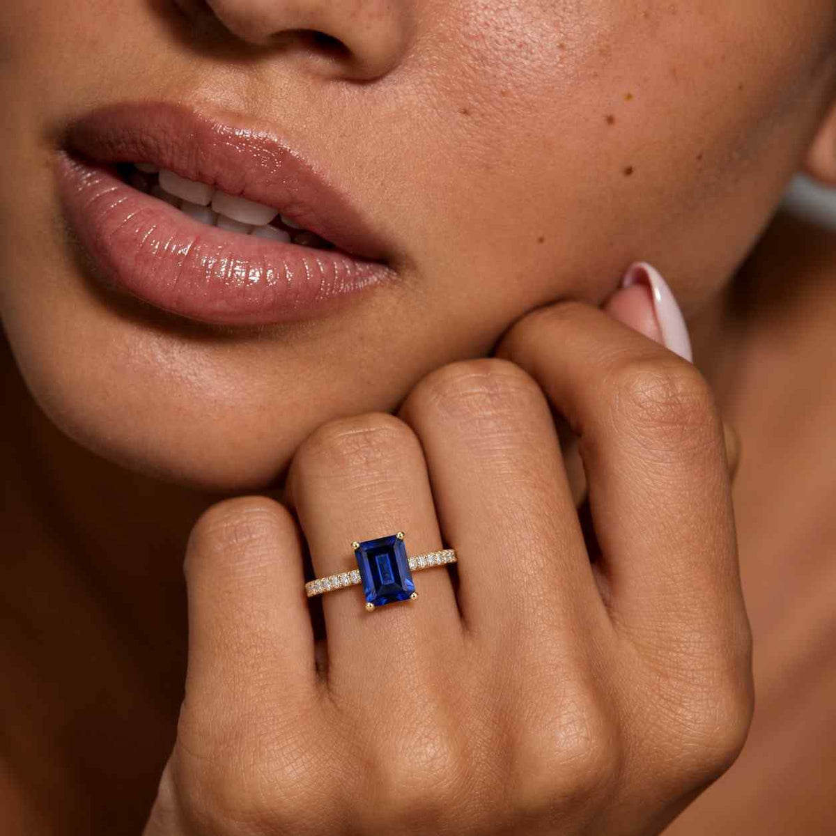 emerald cut royal blue sapphire engagement ring set, 14k solid white gold wedding set, moissanite halo ring set, vintage gemstone bridal set
