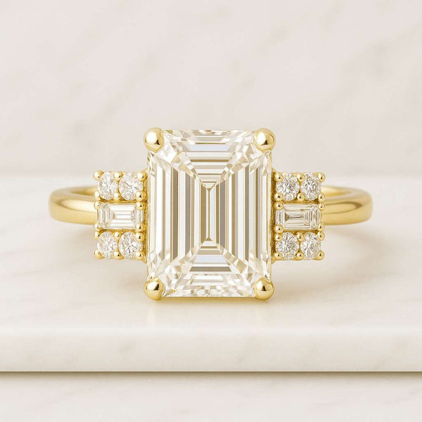 Emerald Cut Simulated Diamond Engagement Ring 14k Gold Over Sterling Silver Emerald Cut Lab Grown Diamond Pave Engagement Ring Hidden Halo Wedding Ring