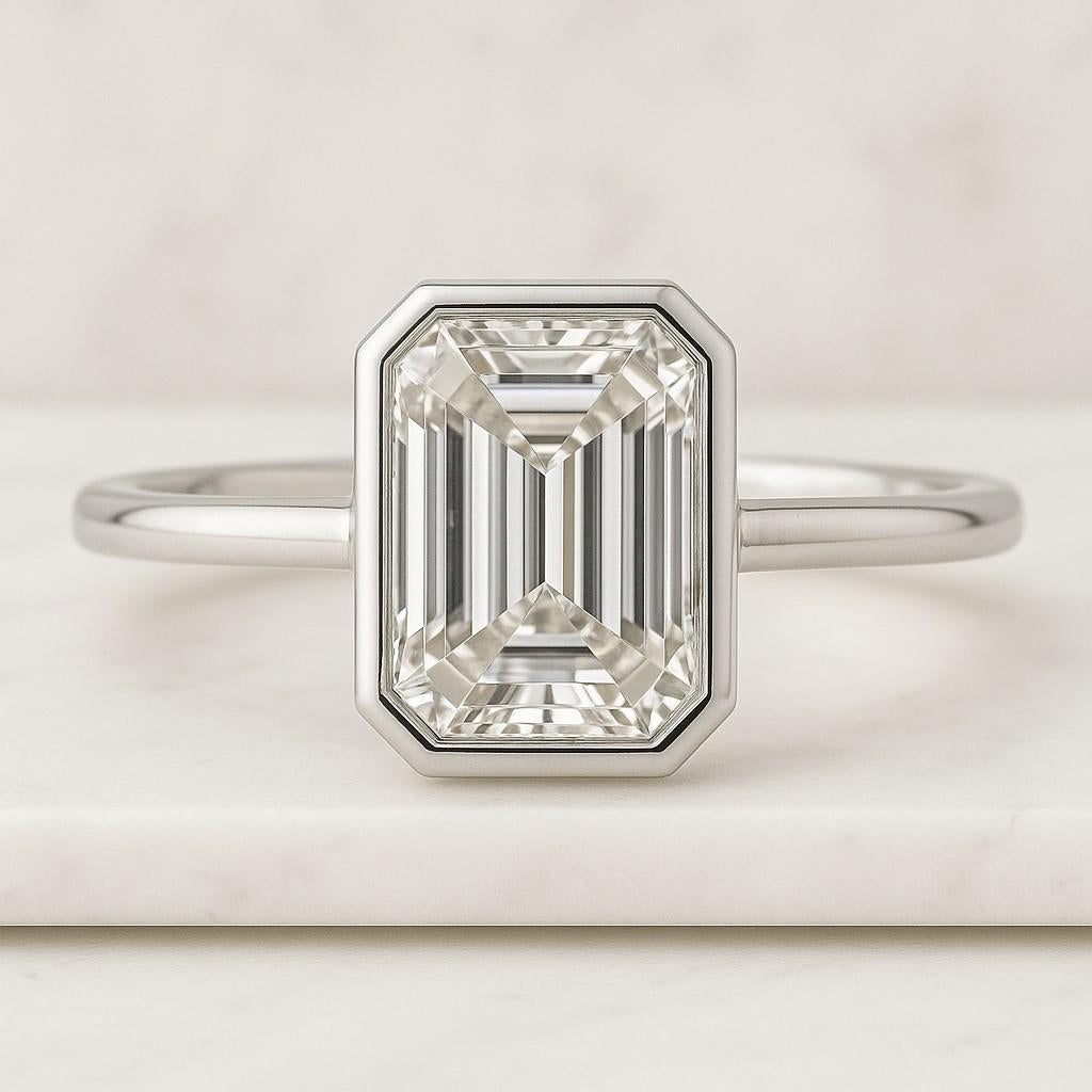Emerald Cut Simulated Diamond Ring 14k Gold Plated Sterling Silver Bezel Setting