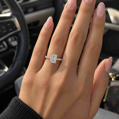 Emerald Cut Solitaire Engagement Ring, Hidden Halo Petal Gallery, 18K Yellow Gold, IGI Certified Lab Grown Diamond