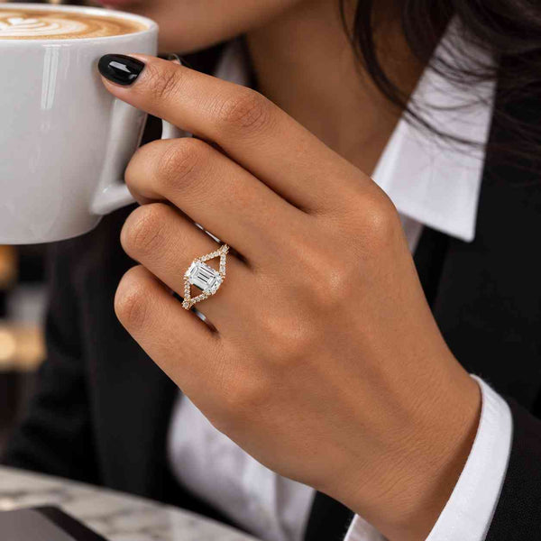 Emerald Cut Travel Wedding Ring, Stimulated Diamond Sterling Silver Ring, Classic Engagement Ring, 1ct, 2ct, 3ct, 5ct Gold Moissanite Ring