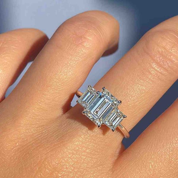 Emerald Cut Vivid Blue Lab Grown Diamond Engagement Ring Emerald Diamond Solitaire Ring IGI Certified Hidden Halo Ring