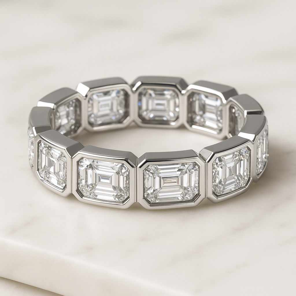 Emerald Cut Wedding Ring Real Lab Grown Diamond Band 7 Stone Diamond Ring