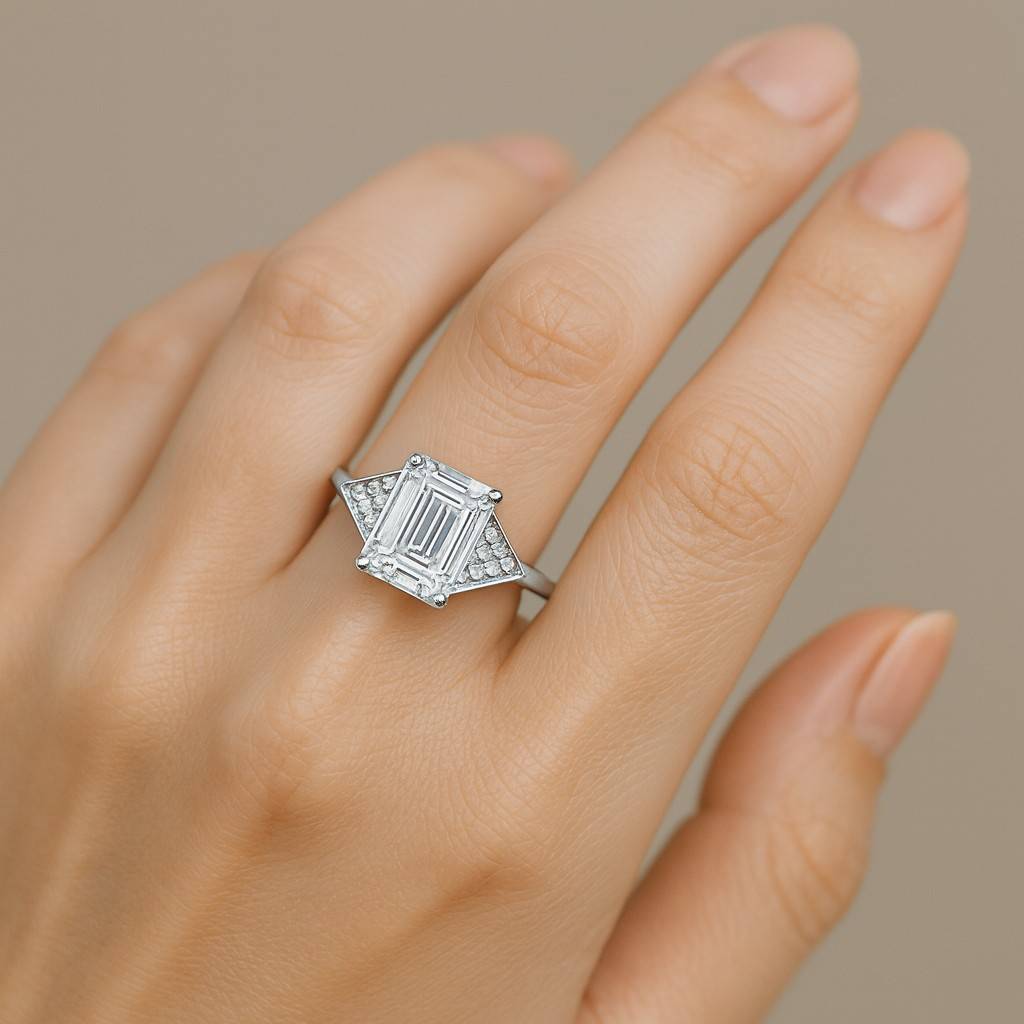 Emerald Diamond Ring Three Stone Engagement Ring Emerald Cut Diamond Ring for Anniversary Gift Genuine Diamond Ring for