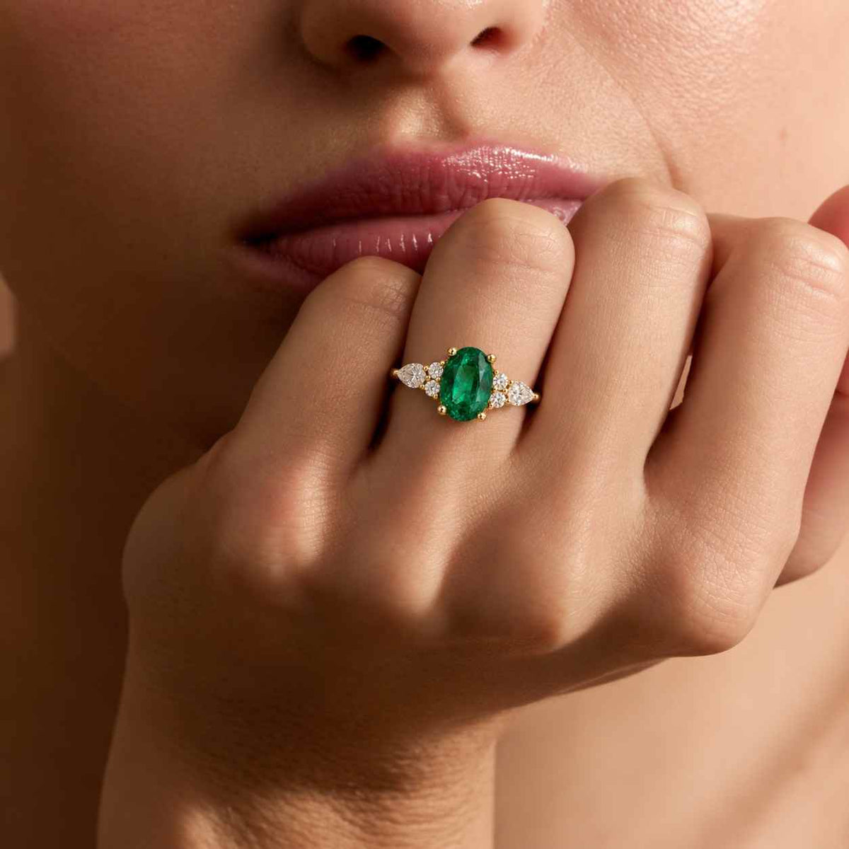 14k solid gold emerald engagement ring • oval green gemstone ring • dainty three stone band
