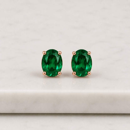 Emerald Green CZ Stud Earrings in Sterling Silver, Green Oval Crystal Stud Earrings, May Birthstone
