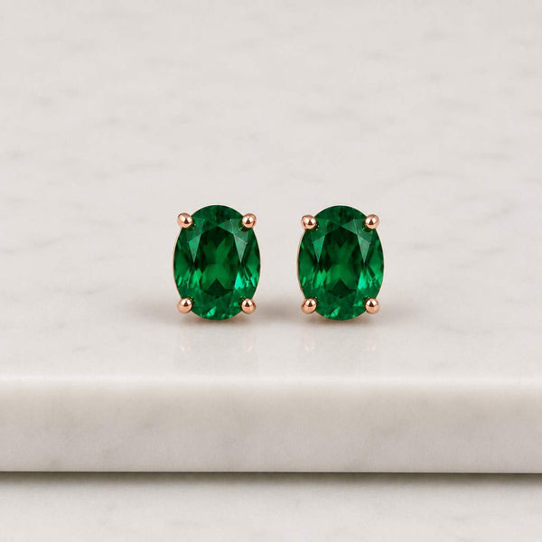 Emerald Green CZ Stud Earrings in Sterling Silver, Green Oval Crystal Stud Earrings, May Birthstone
