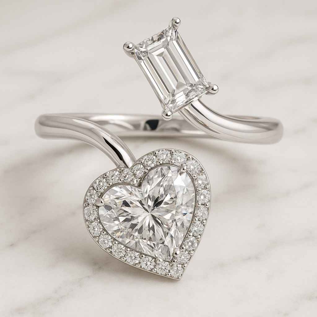 emerald heart lab grown diamond two stone ring claw prong setting