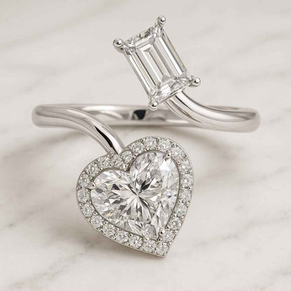 Emerald Heart Lab Grown Diamond Two Stone Ring Claw Prong Setting