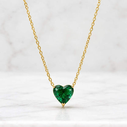 Emerald Heart Necklace: 14K Solid Gold, Real Diamond Accent, May Birthstone Pendant
