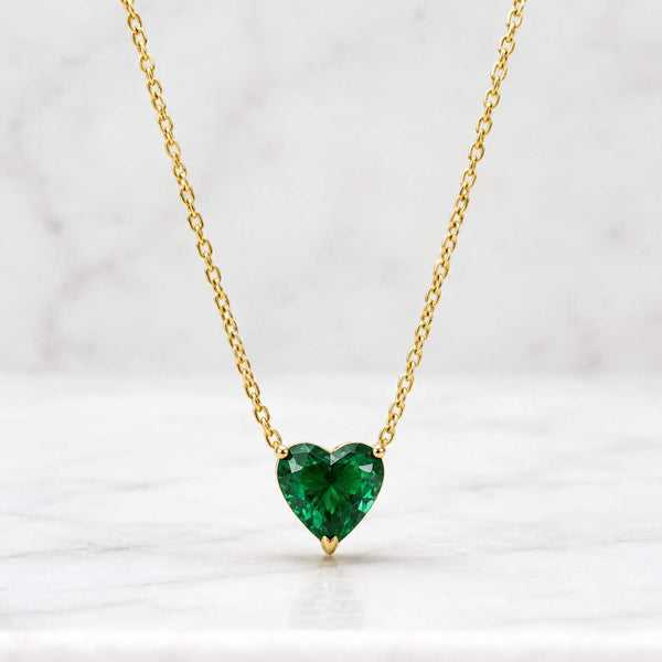Emerald Heart Necklace: 14K Solid Gold, Real Diamond Accent, May Birthstone Pendant

