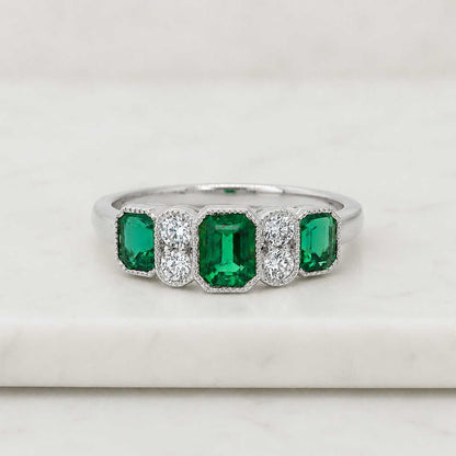 Emerald Milgrain Engagement Ring, Two Tone 925 Silver Ring, Bezel Set Ring, Emerald Diamond Ring, Art Deco Diamond Ring,Green Solitaire Ring