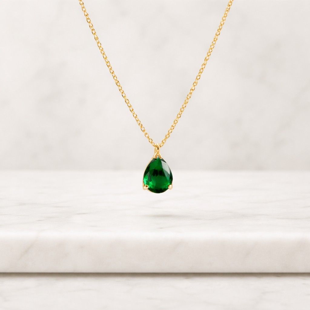 Emerald Pear Pendant Necklace, Gold Vermeil, 925 Sterling Silver, May Birthstone
