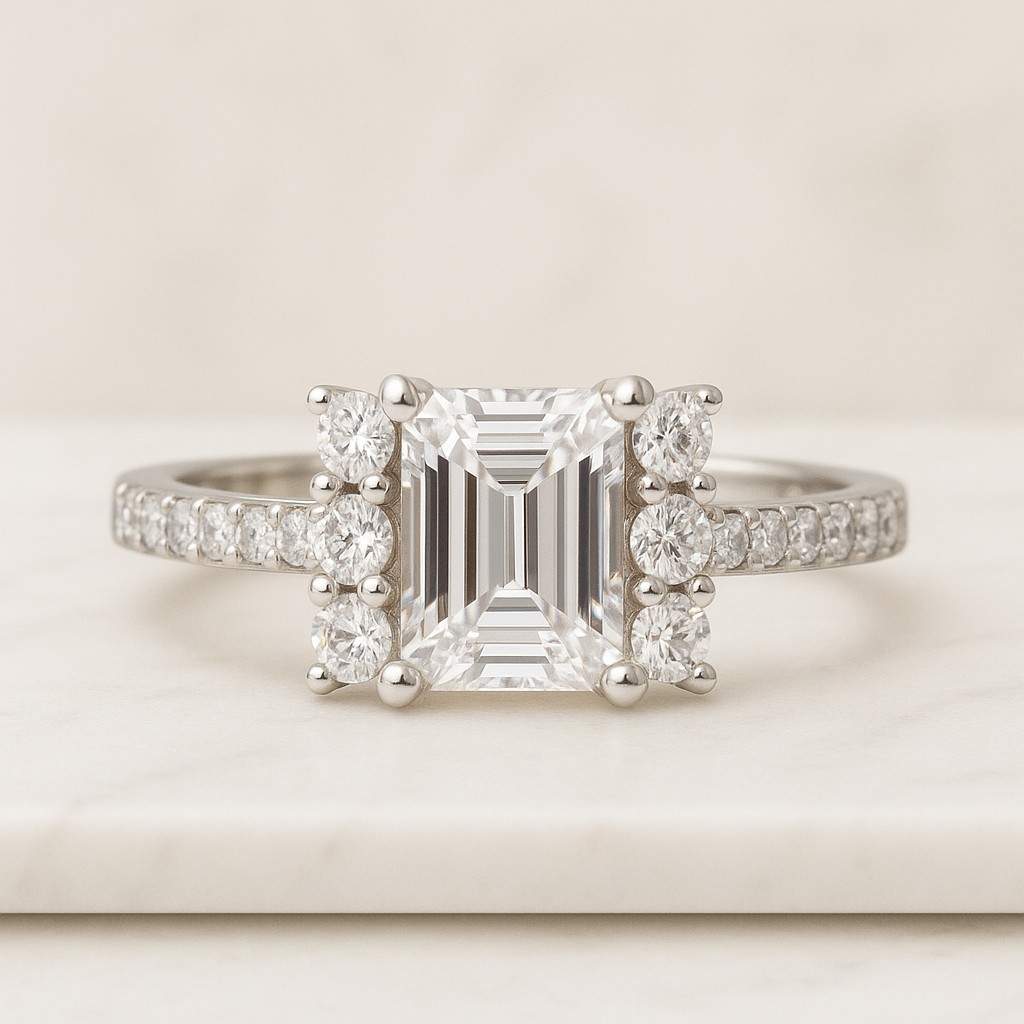 Emerald & Round Cut Lab Grown Diamond Engagement Ring Emerald and Round Cut Certified Diamonds