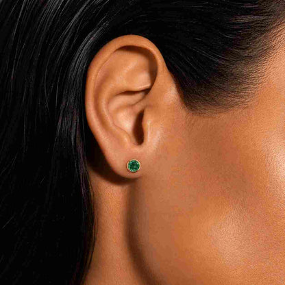 Emerald Stud Earrings | 14K Solid Gold Bezel May Birthstone Earrings | Green Minimalist Studs
