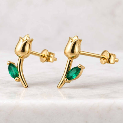 Emerald Stud Earrings Gold Floral Statement Earrings Sterling Silver Gift for Her
