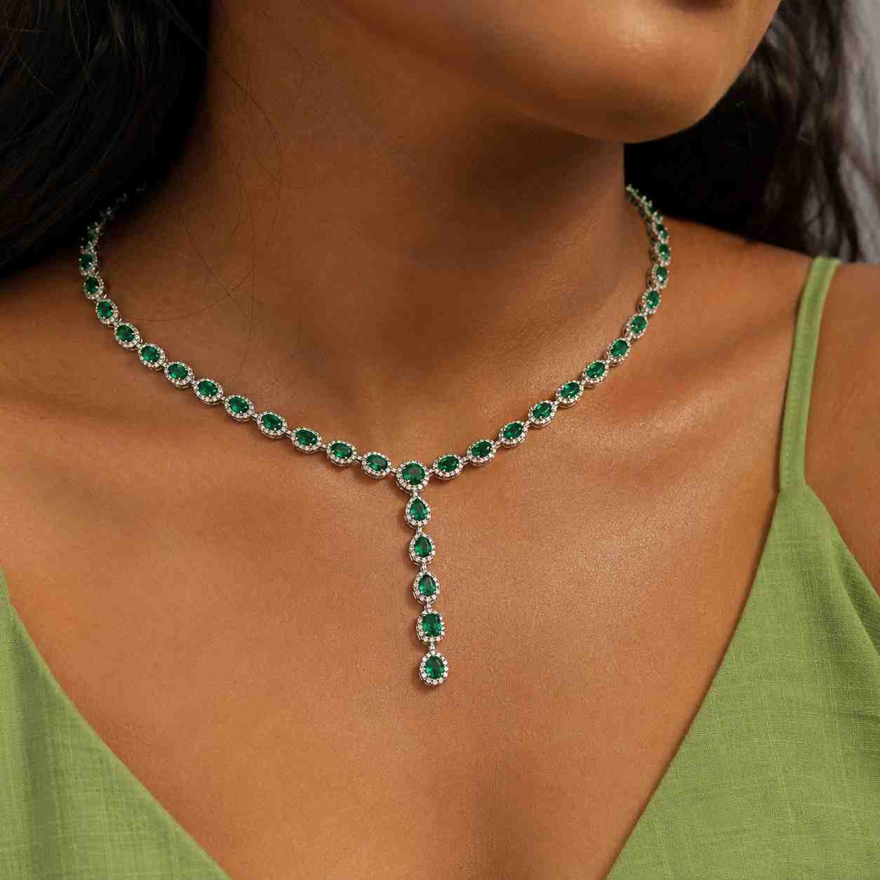 emerald teardrop lariat necklace, sterling silver 925 y drop necklace, halo green cz pear solitaire pendant, rose gold charm for women
