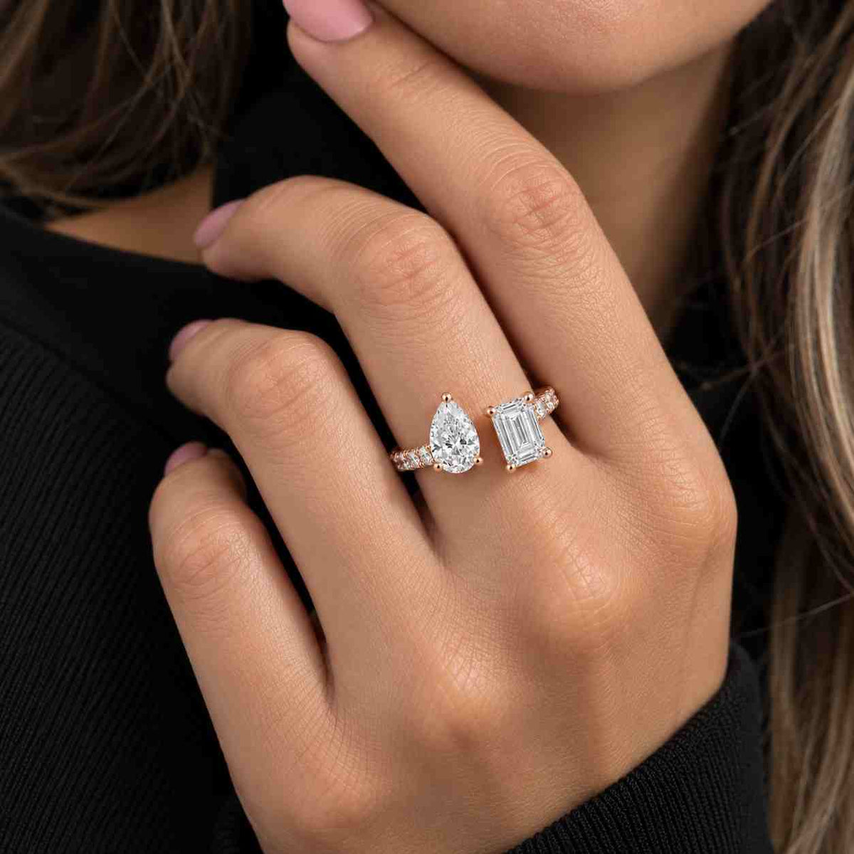 emerald and pear lab grown diamond ring