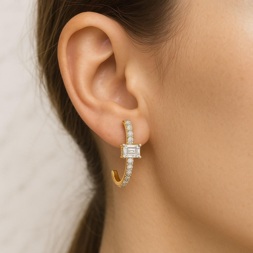 Emerald and Round Diamond Earrings Wedding Hoop Earrings Lab Diamond Earrings Huggie Hoop Earrings For Women Gift for Wife