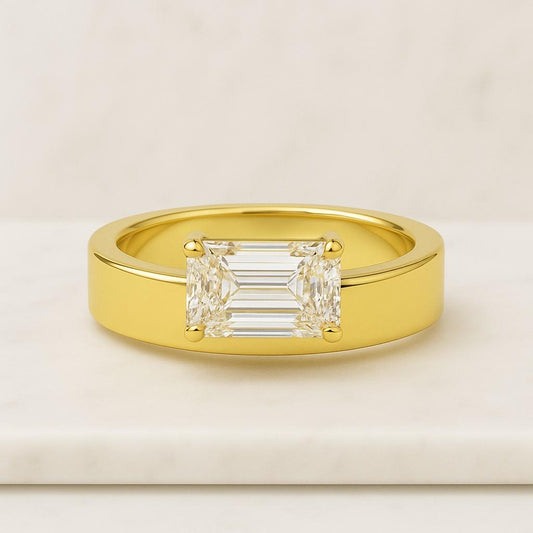 Emerald cut Moissanite wedding band Solid yellow gold Mens ring Diamond Stacking Matching band