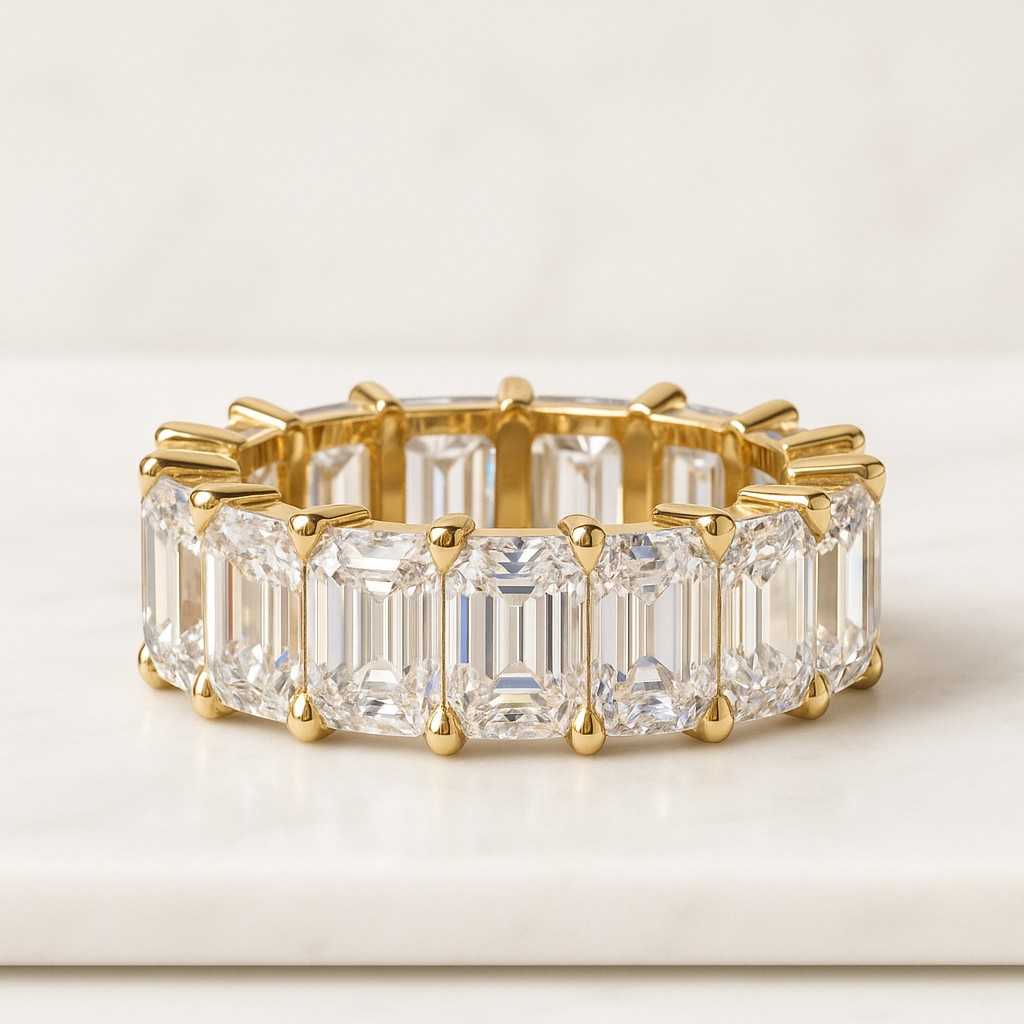 Emerald cut Moissanite wedding band Vintage lab grown diamond wedding band Yellow gold half eternity Stacking ring Matching Promise ring