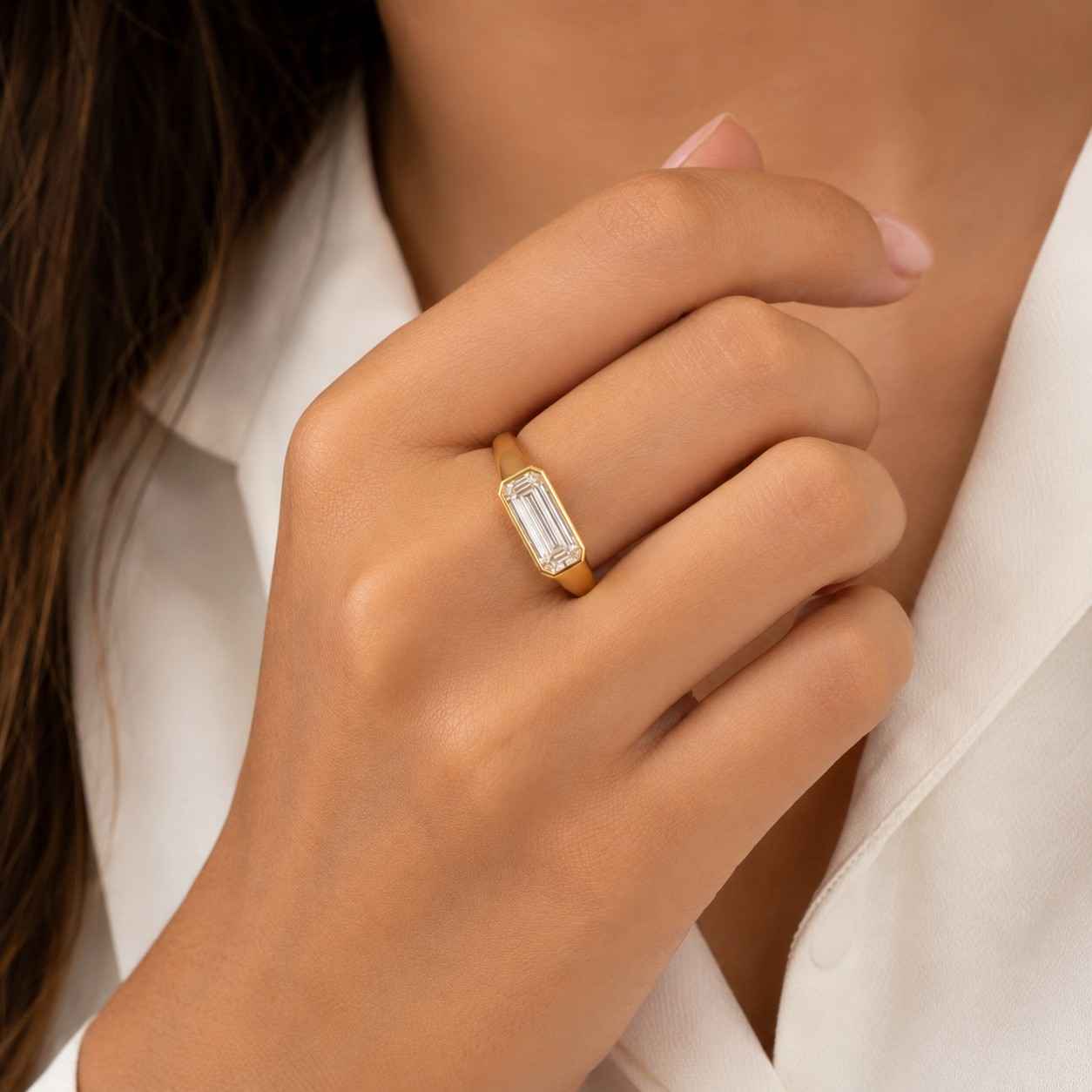 emerald cut lab grown diamond signet ring with gold band