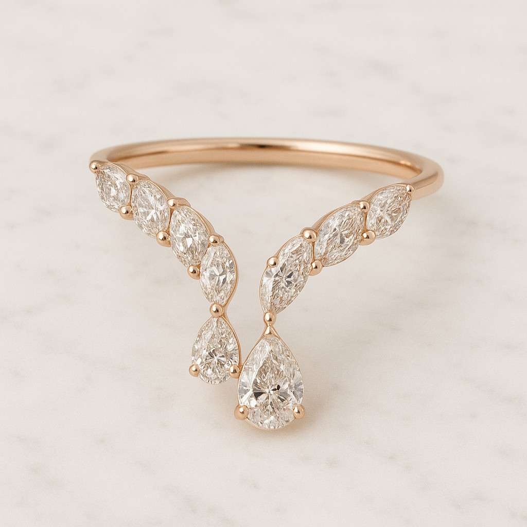 Engagement Ring Set 14K Rose Gold Pear Diamond Ring Teardrop Ring Dainty Wedding Jewellery Set