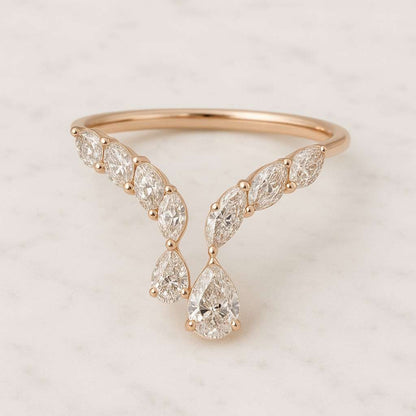 Engagement Ring Set 14K Rose Gold Pear Diamond Ring Teardrop Ring Dainty Wedding Jewellery Set