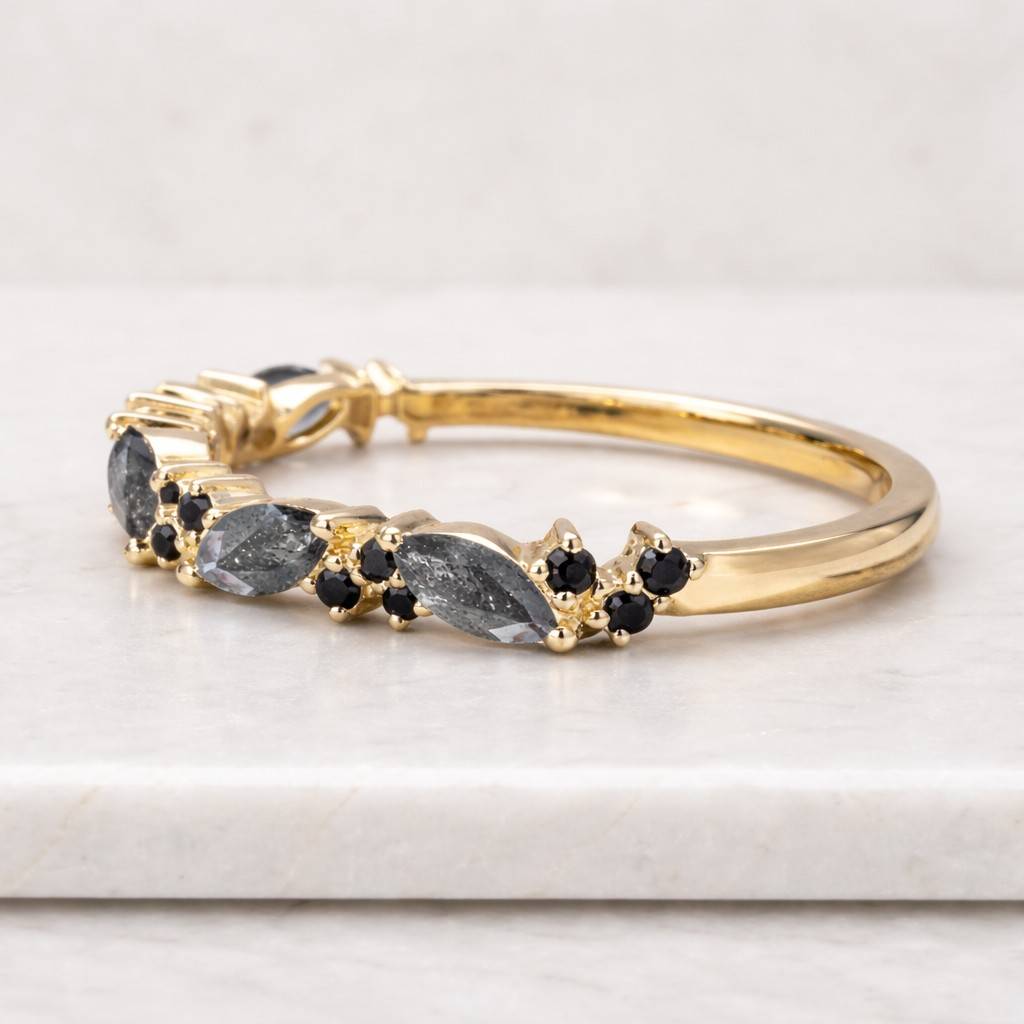 Black rutilated quartz wedding band rose gold Round cut moissanite ring half eternity art deco stacking matching band promise Anniversary
