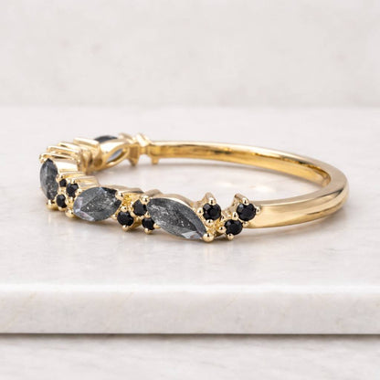 Black rutilated quartz wedding band rose gold Round cut moissanite ring half eternity art deco stacking matching band promise Anniversary
