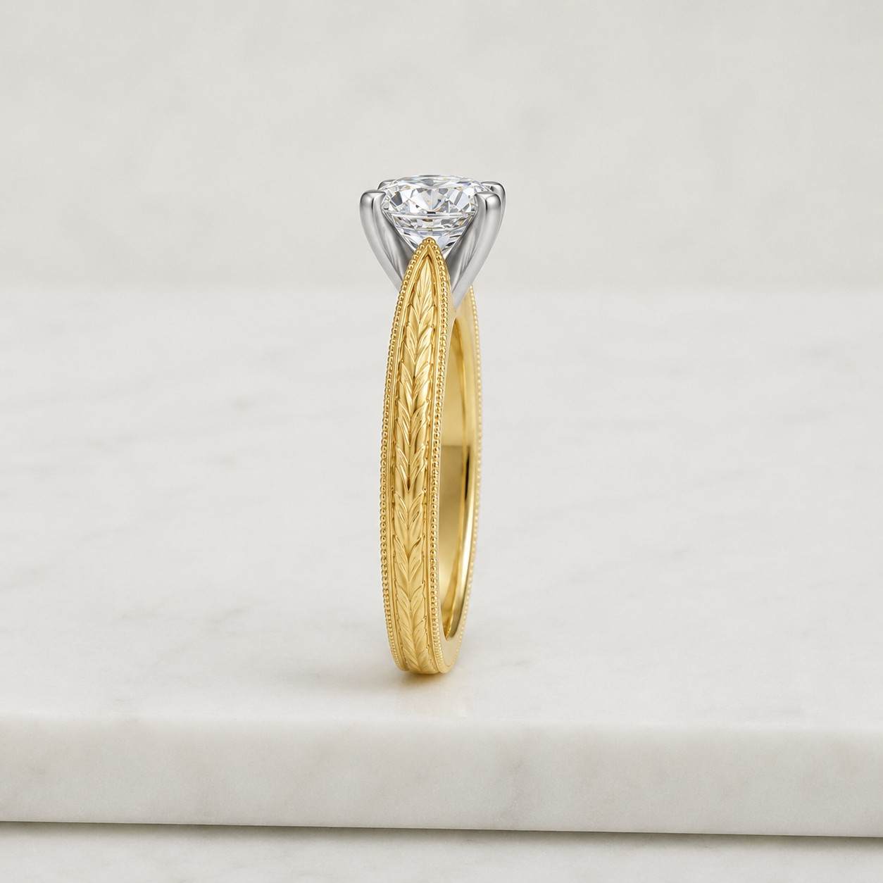 Engraved Eternity Band In 14k Solid Gold, Round Lab Grown Diamond Engagement Ring, Vintage Inspired Milgrain Ring, Wedding Gift for Her