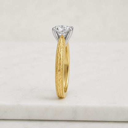 Engraved Eternity Band In 14k Solid Gold, Round Lab Grown Diamond Engagement Ring, Vintage Inspired Milgrain Ring, Wedding Gift for Her