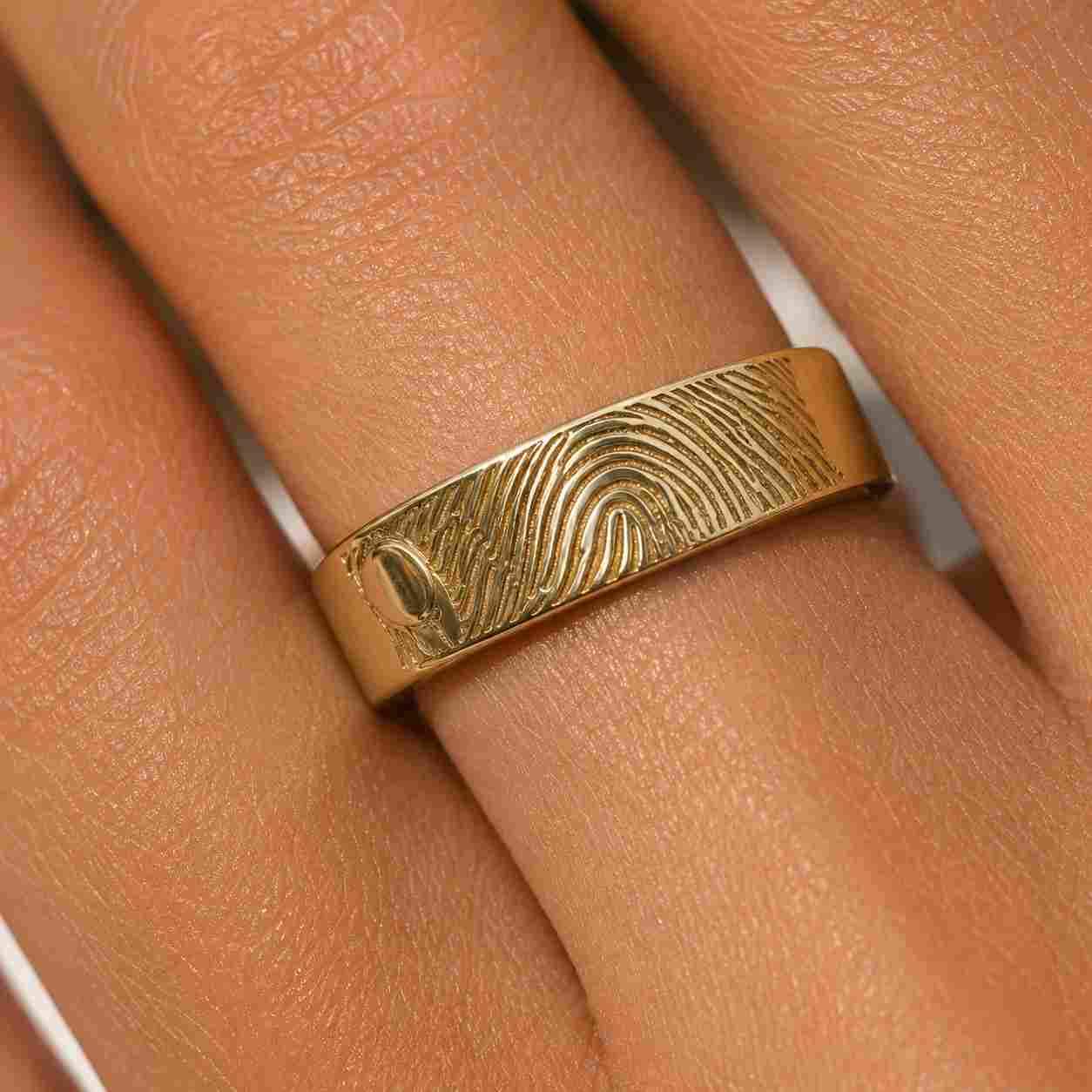 engraved fingerprint gold wedding band, yellow gold engagement ring, real fingerprint ring,