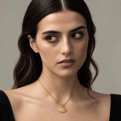 14K Gold Syra Evil Eye Diamond Necklace Round Cut Lab Grown Diamond Bezel Pendant Minimalist Protection Necklace for Women Gift for Her
