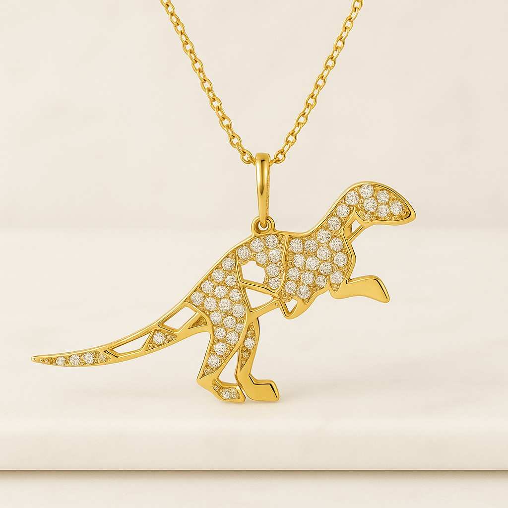 18K Solid Gold Lab Grown Diamond Micro Pave Dinosaur Pendant Necklace