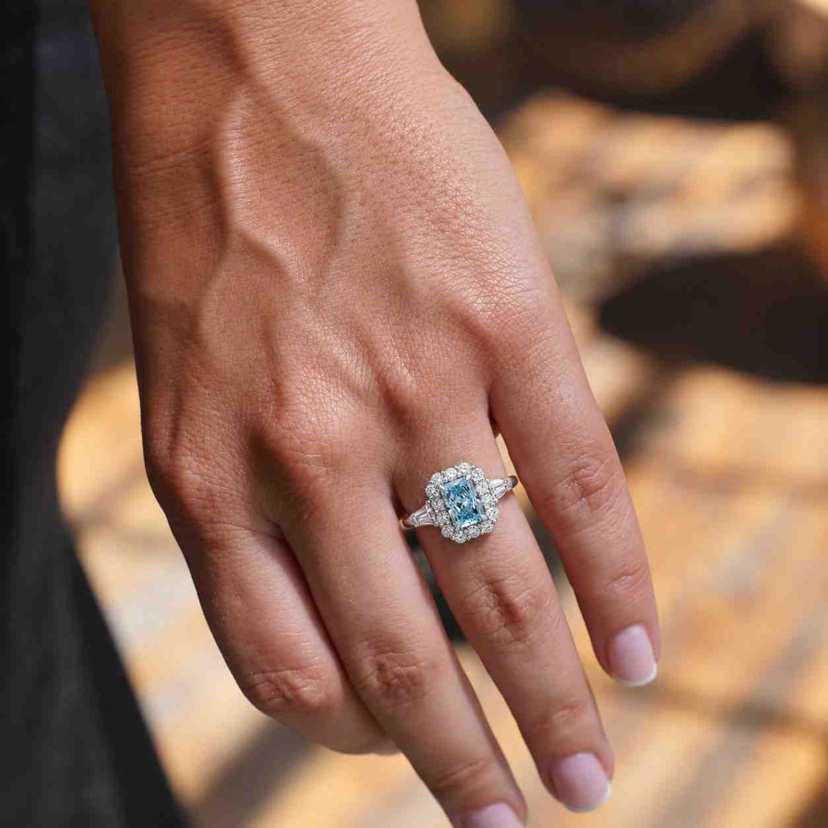 Fancy Blue Radiant Cut Lab Diamond Ring | Trio Halo, Pavé Band, Solid Gold/Platinum
