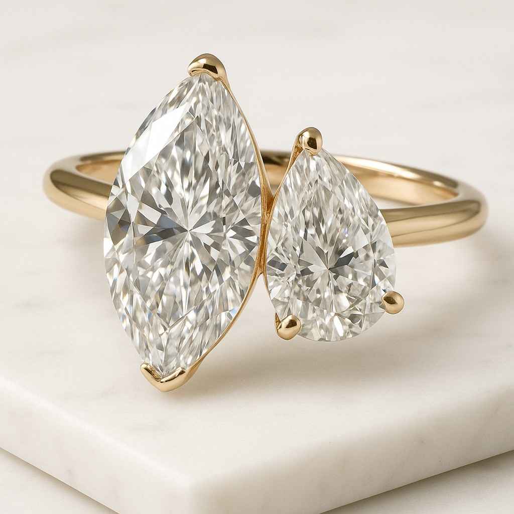 fancy gold ring  yellow pear and marquise cut gold ring two stone moissanite diamond engagement ring gold toi et moi ring