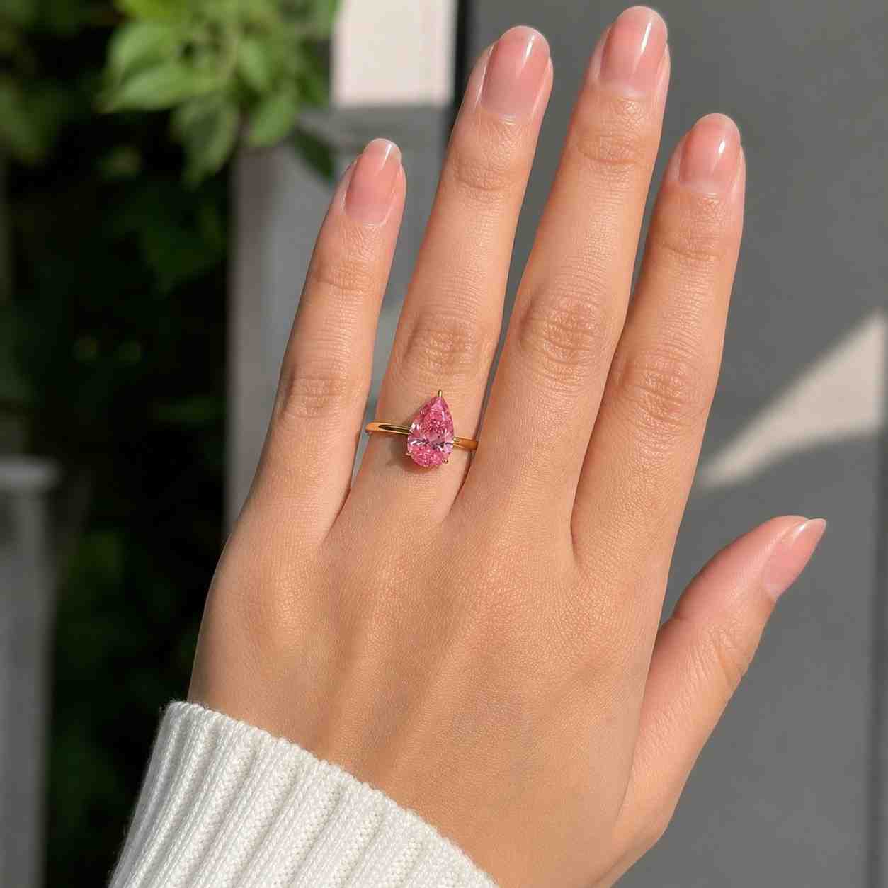 fancy pink pear shape lab grown diamond engagement ring with pear sides | 3-stone ring | igi certified | 10k 14k 18k gold, silver & platinum